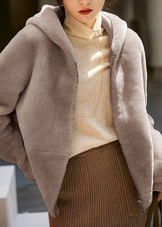 Modern Brown Patchwork Zippered Mink Hair Hoodie Coat Long Sleeve