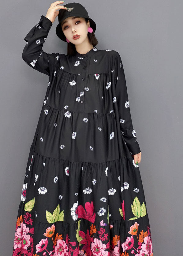 Black Stand Collar Print Cotton Long Dress Long Sleeve