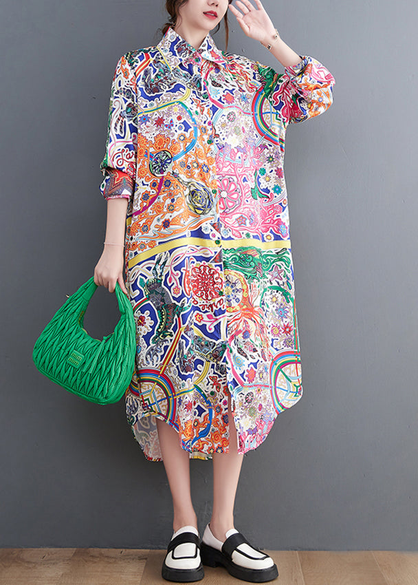 Peter Pan Collar Print Button Long Shirts Dress Long Sleeve