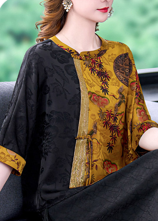 Yellow O-neck Print Button Tops Bracelet Sleeve