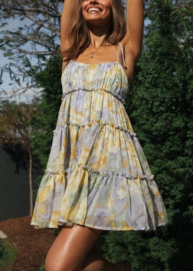 Purple Print Chiffon Tea Dress Summer