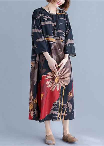 Loose Black O-neck Print Maxi Dress Long Sleeve