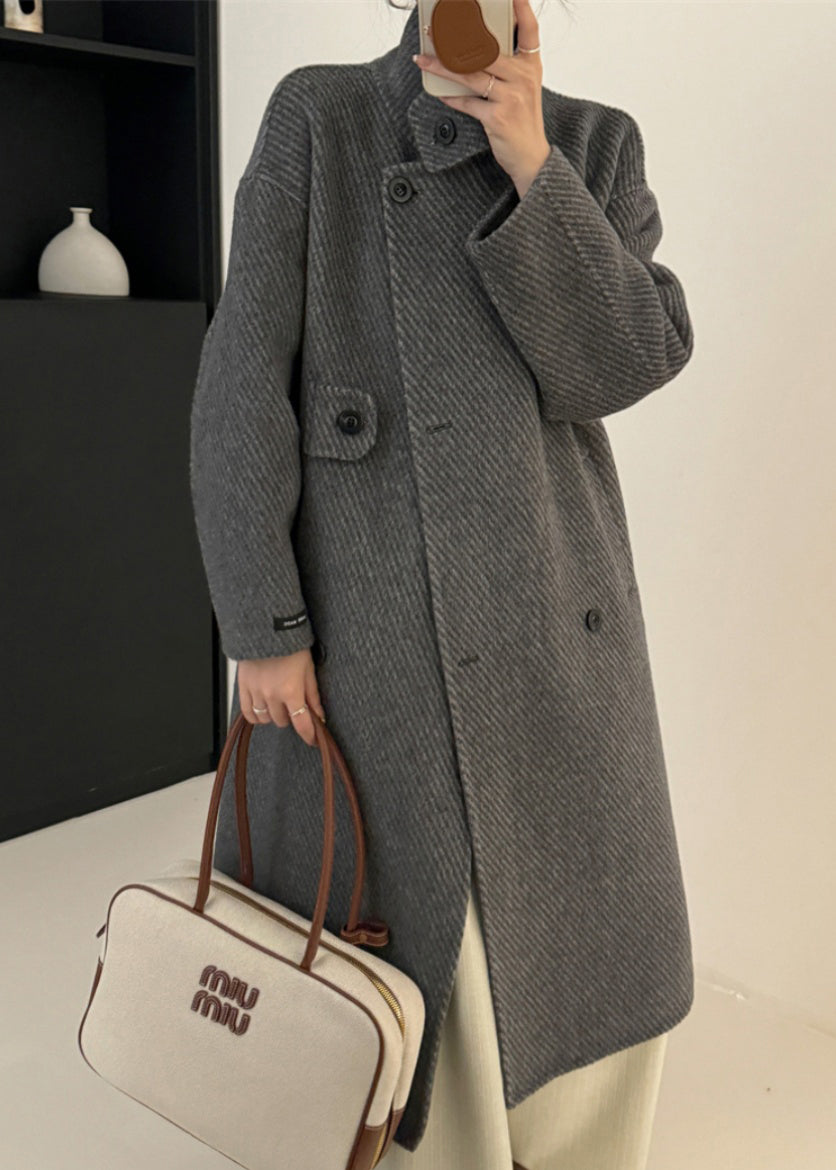 New Coffee Stand Collar Double Breast Woolen Coat Winter