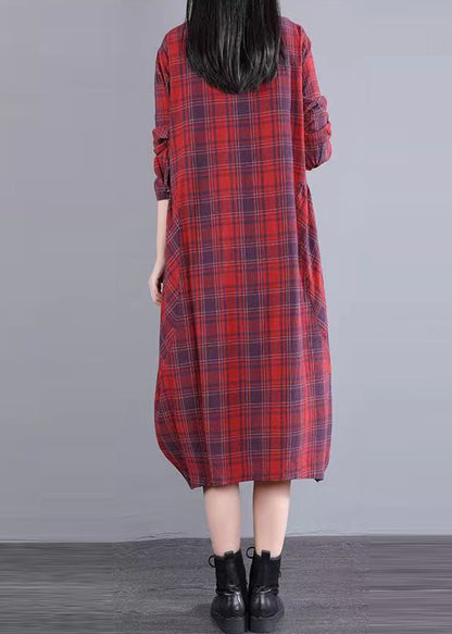 Red Stand Collar Plaid Cotton Shirts Dresses Fall