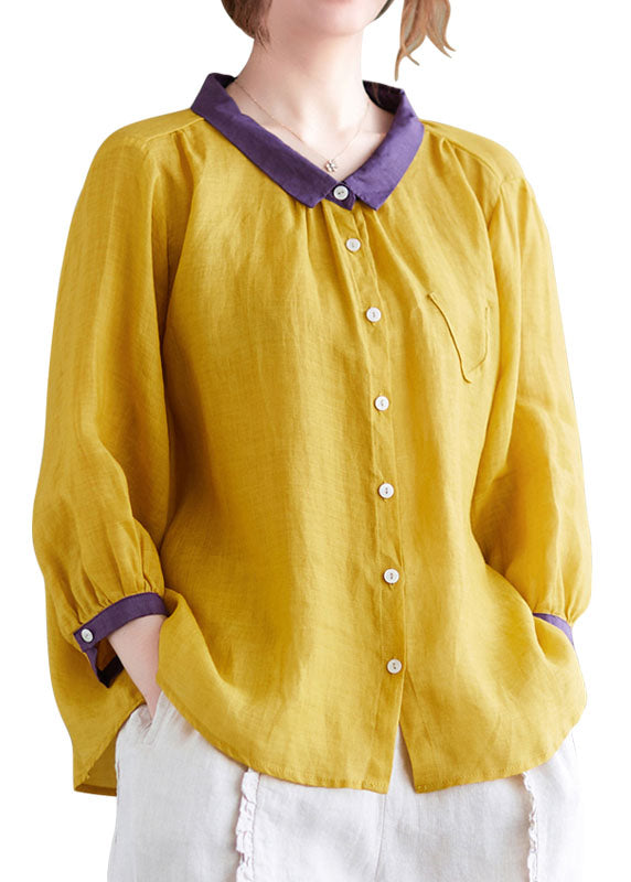 Yellow Peter Pan Collar Patchwork Linen Shirt Top Bracelet Sleeve