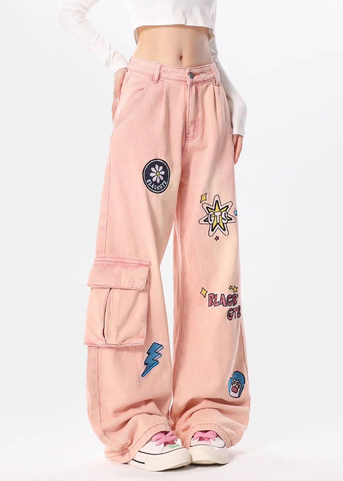 Italian Pink Embroideried Pockets Denim Wide Leg Pants Spring