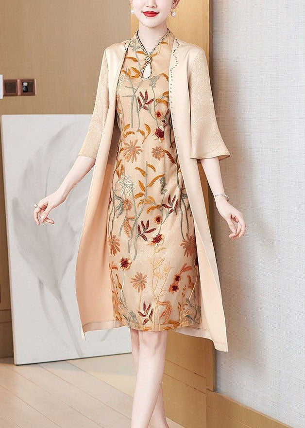 Apricot Stand Collar Zircon Silk Bodycon Dress Butterfly Sleeve
