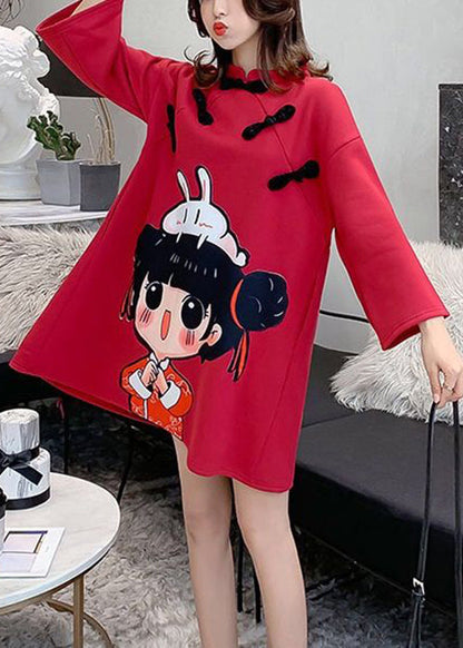 Red Stand Collar Print Warm Fleece Mid Dress Fall