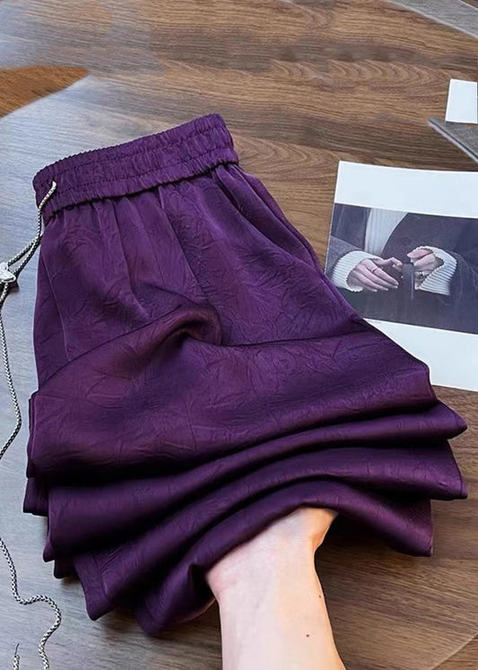 Purple Print Elastic Waist Silk Cotton Wide Leg Pants Fall