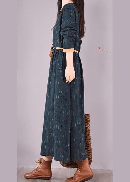 Blue Striped Quilting Clothes O Neck Tie Waist Long Spring Dresses