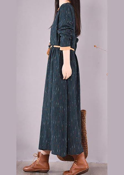 Blue Striped Quilting Clothes O Neck Tie Waist Long Spring Dresses