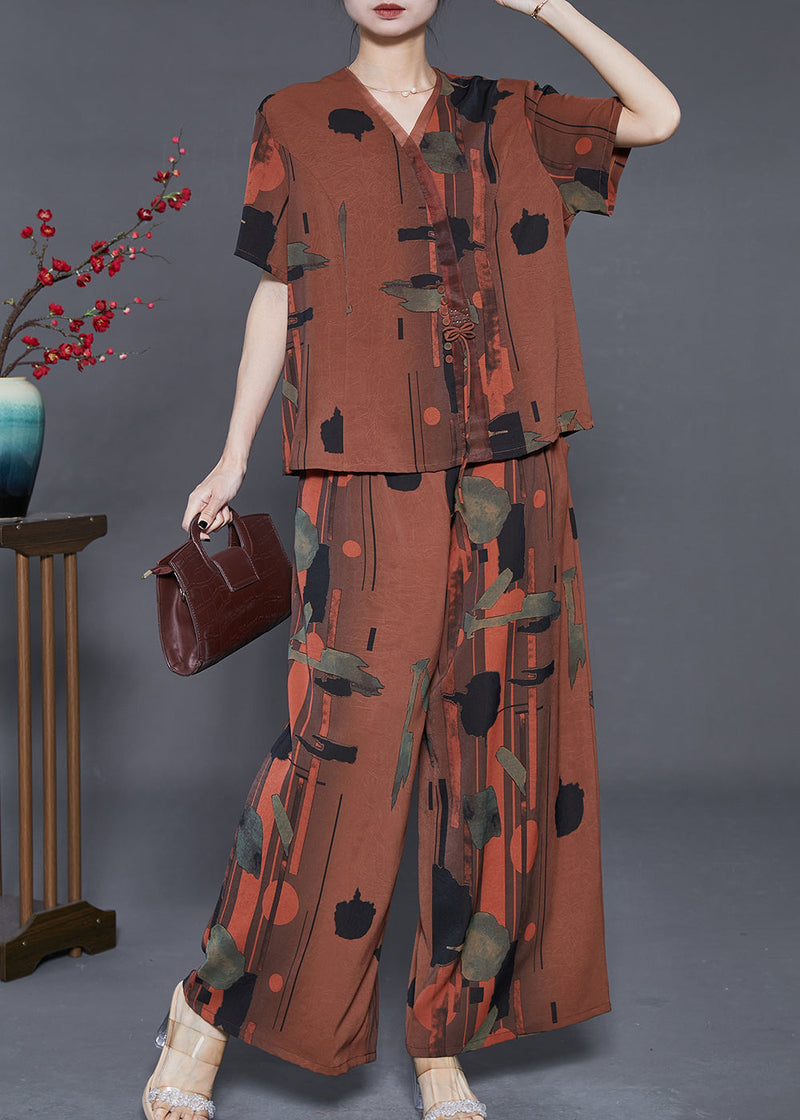 Caramel V Neck Print Silk Two Pieces Set Summer