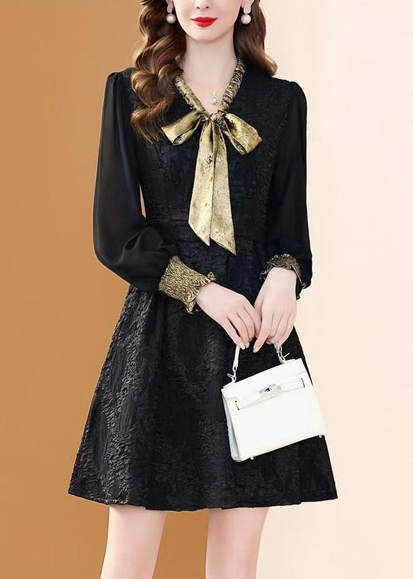 Black Bow Pockets Patchwork Dresses Winter