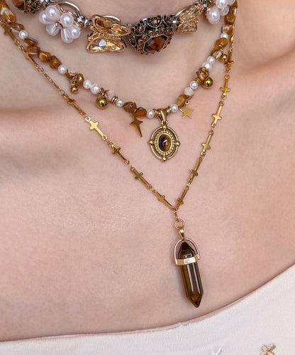 Brown Tiger's Eye Pearl Butterfly Titanium Steel Three Piece Set Pendant Necklace