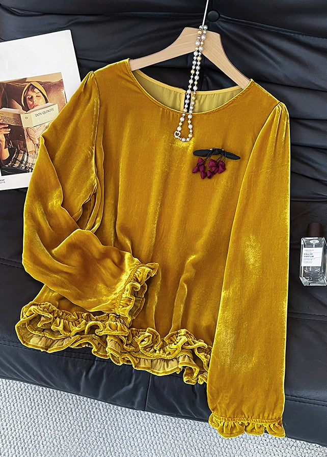 Yellow O Neck Ruffled Silk Velour T Shirt Fall