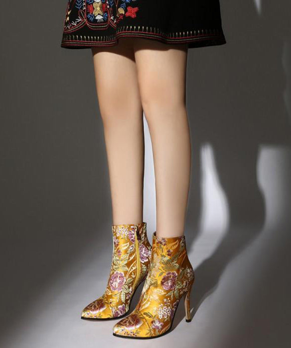 Yellow Embroidered Zippered Silk Velour High Heel Ankle Boots