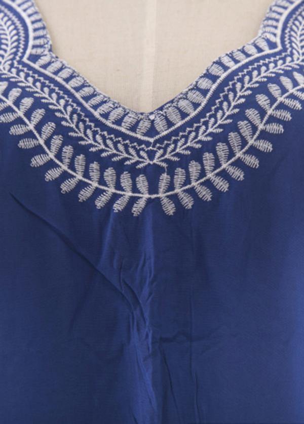 Classy Blue Embroideried Oriental Beach Gown Mid Summer Cotton Dress
