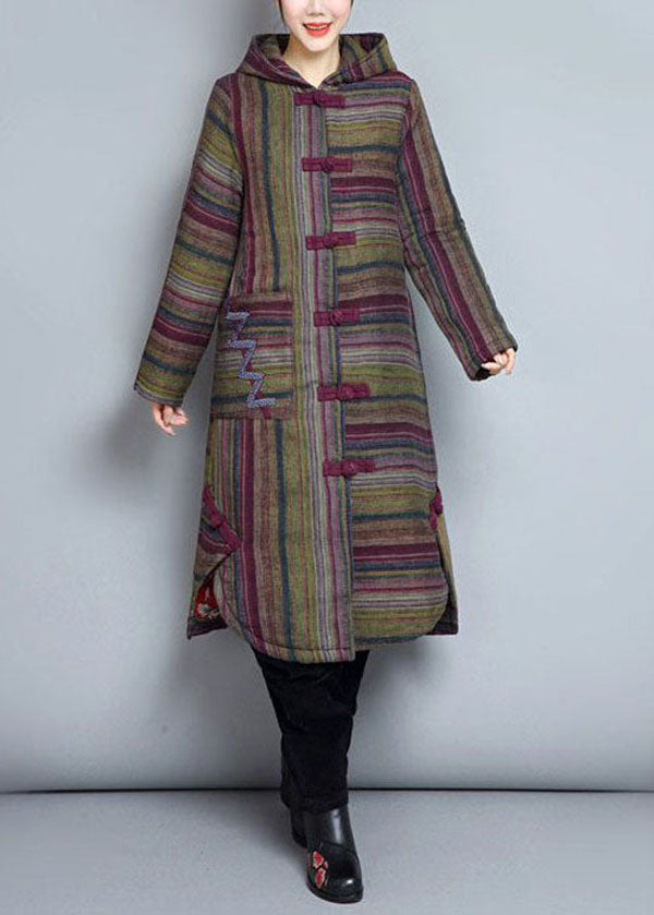 Khaki Hooded Pockets Striped Fine Cotton Filled Witner Coats