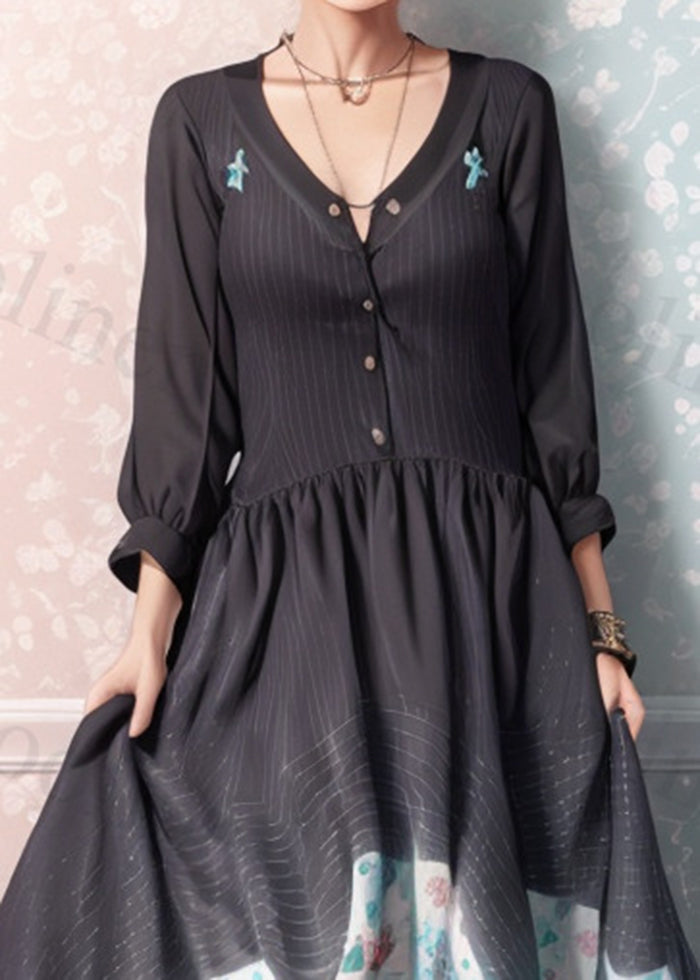 French Black Exra Large Hem Silm Fit Silk Vestidos Dress Summer