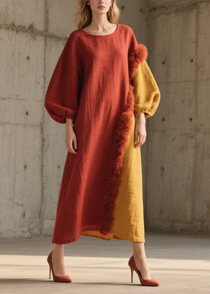 Colorblock Fuzzy Fur Fluffy Patchwork Cotton Long Dress Fall