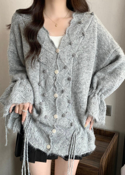 Grey Oversized Fuzzy Ball Decorated Knit Cardigans Fall