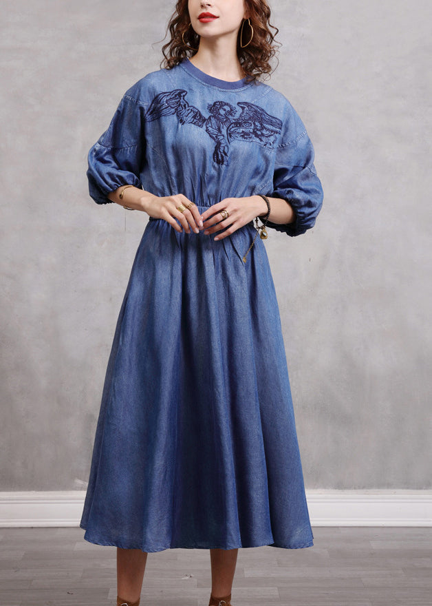 Blue Embroidered Elastic Waist Long Denim Dress Lantern Sleeve