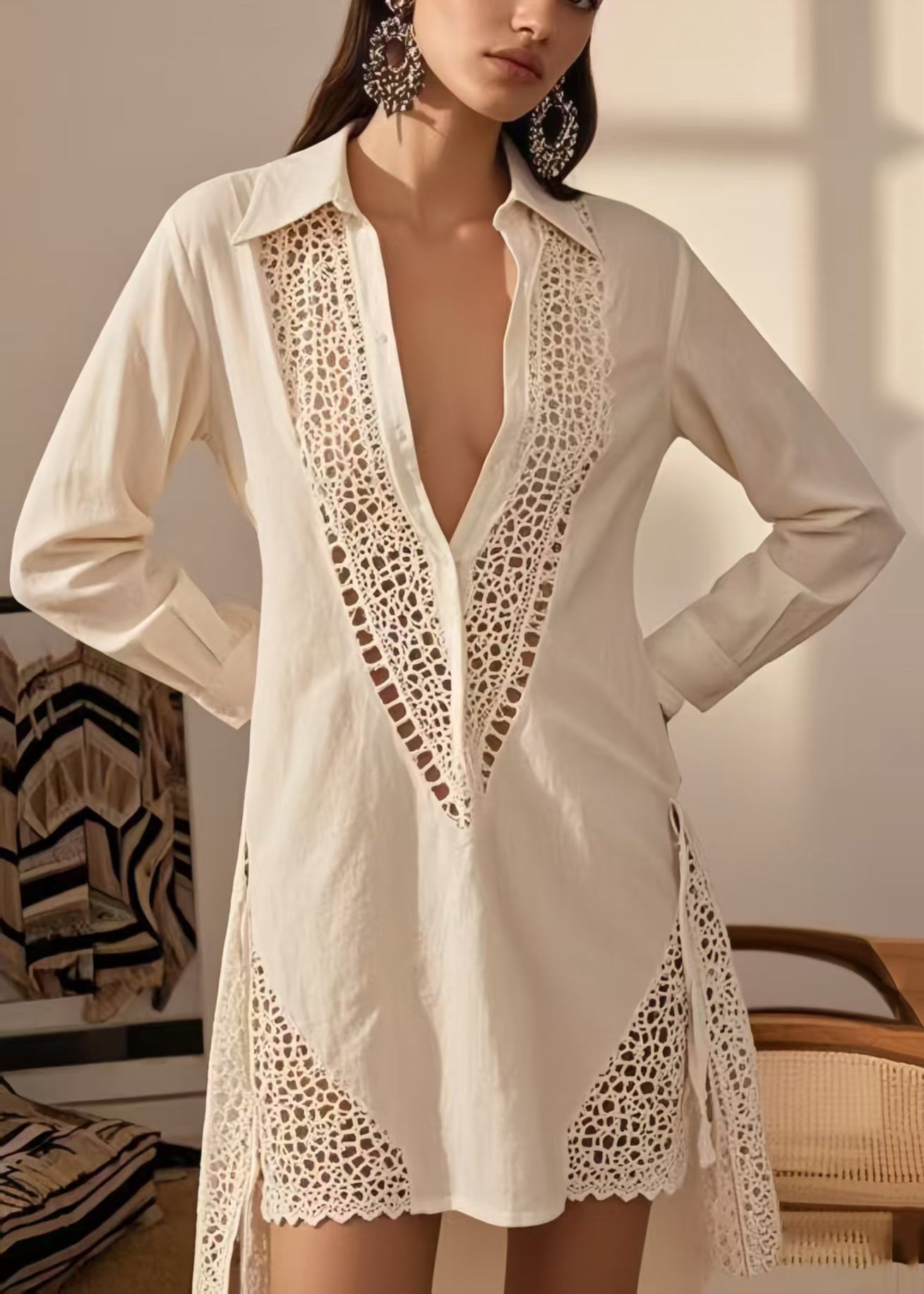 White Hollow Out Cotton Mini Dress Spring