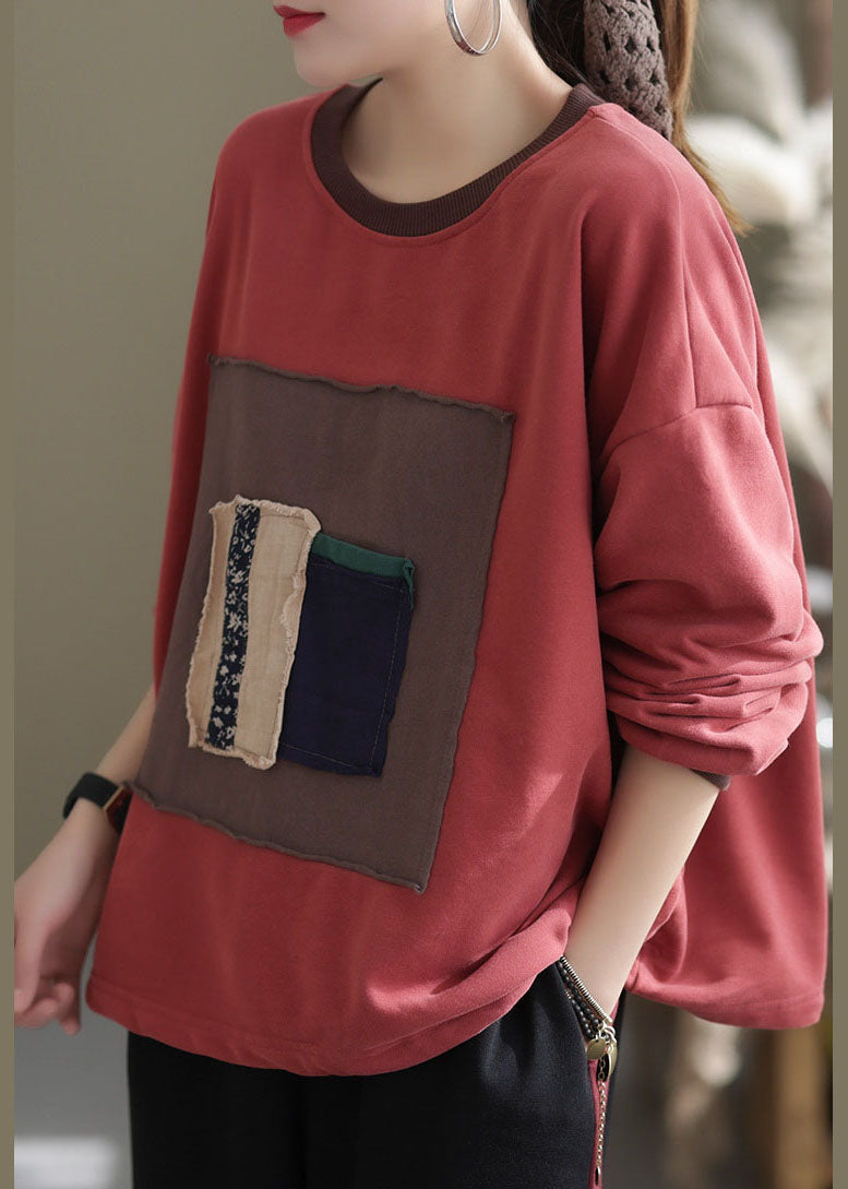 Red O-neck Patch Applique Cotton Shirt Spring