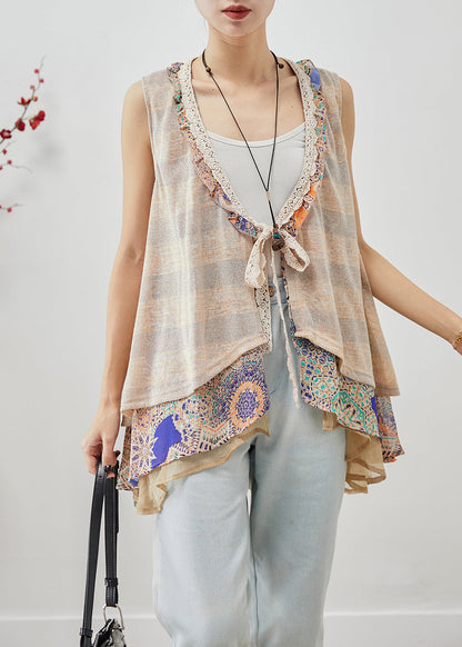 Khaki Lace Up Patchwork Ruffles Cotton Vests Sleeveless
