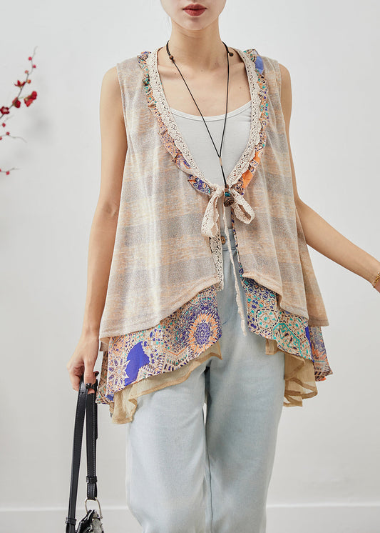 Khaki Lace Up Patchwork Ruffles Cotton Vests Sleeveless