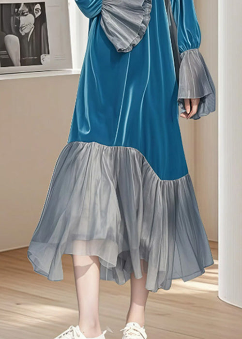 Blue Wrinkled Patchwork Silk Velvet Long Dress Flare Sleeve