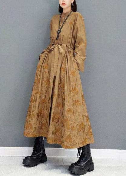 Classy Brown Pockets Tie Waist Embroideried Fall Long Sleeve Long Dress