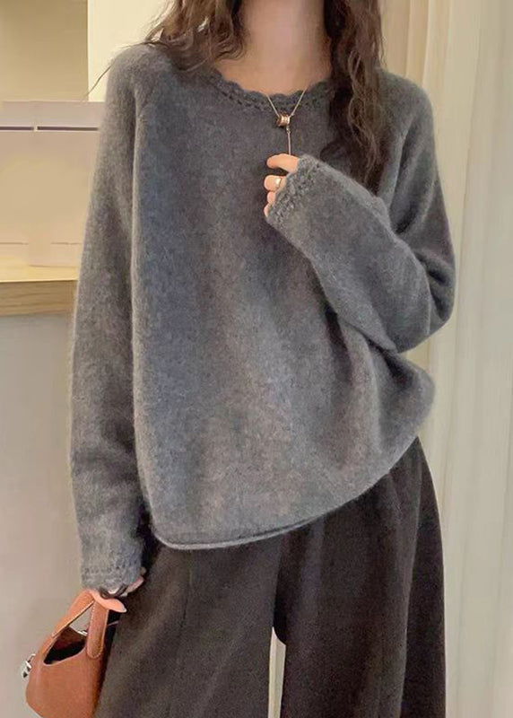 Loose White Cotton Knit Sweater O-neck Lace Patchwork Spring