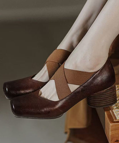 Boutique Cross Strap Splicing Chunky Heel Red Horsehide Leather