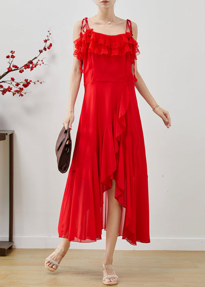 Red Ruffled Side Open Chiffon Cami Dresses Summer