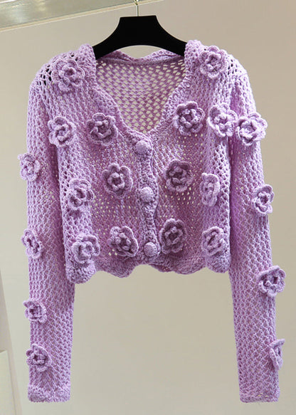 Brief Purple V Neck Embroidered Cotton Knit Sweater Spring