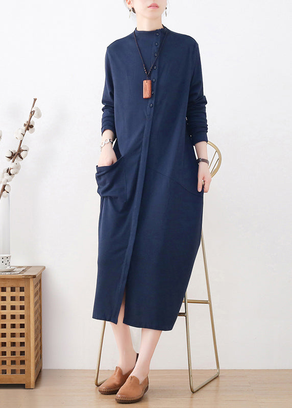 Blue Turtleneck Button Pockets Cotton Knit Dress Long Sleeve