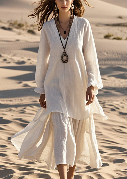 White Oversized Cotton Fake Two Piece Dresses Fall