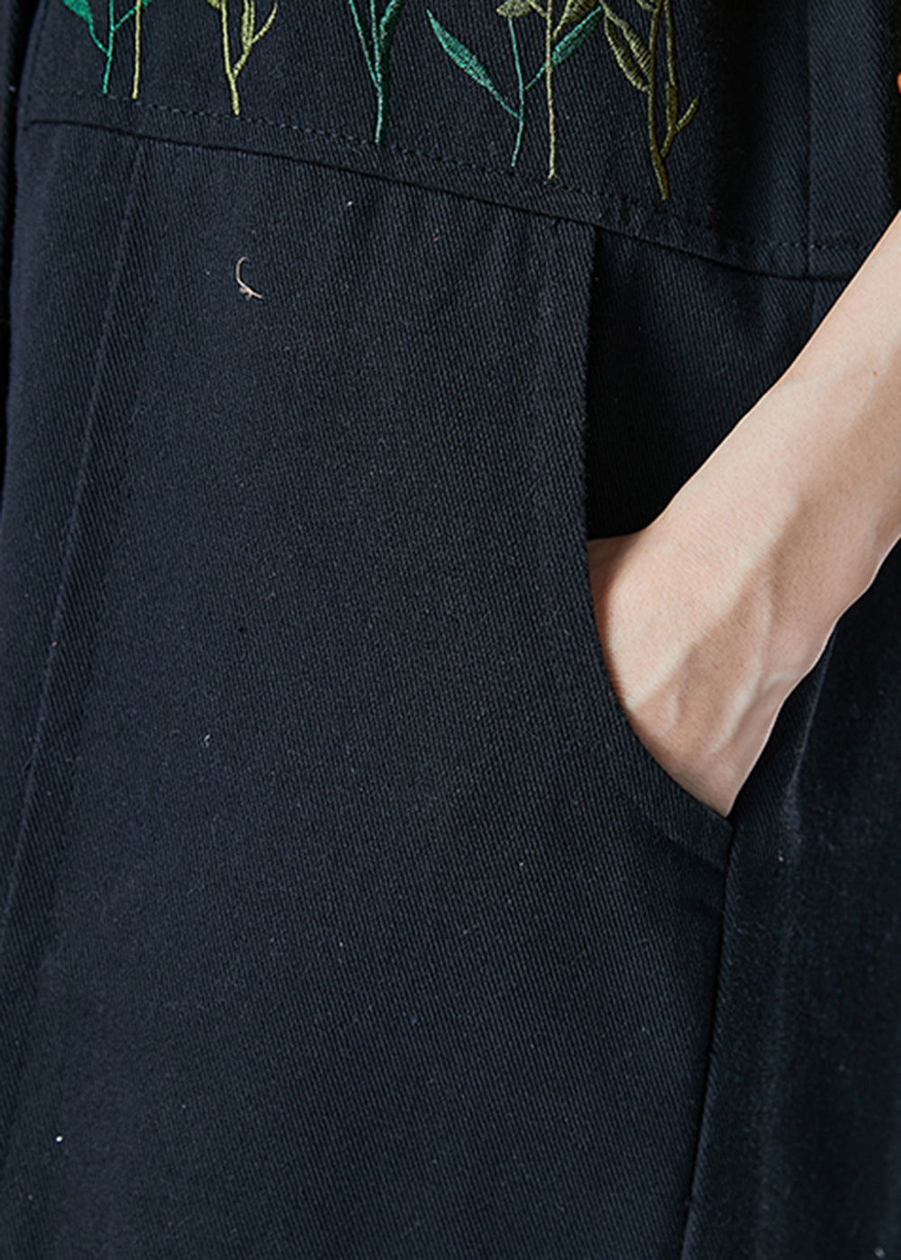 Black Embroideried Pockets Cotton Two Pieces Set Spring