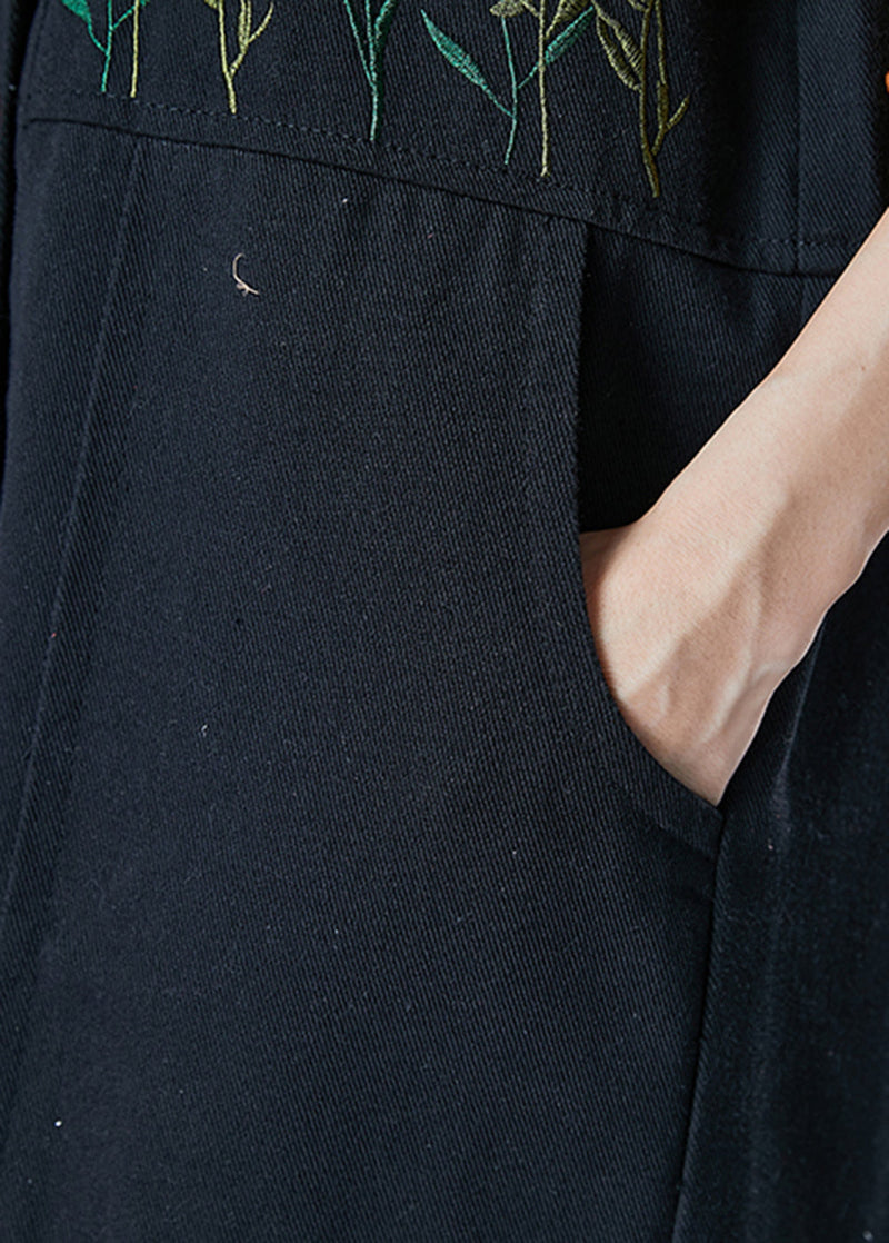 Black Embroideried Pockets Cotton Two Pieces Set Spring
