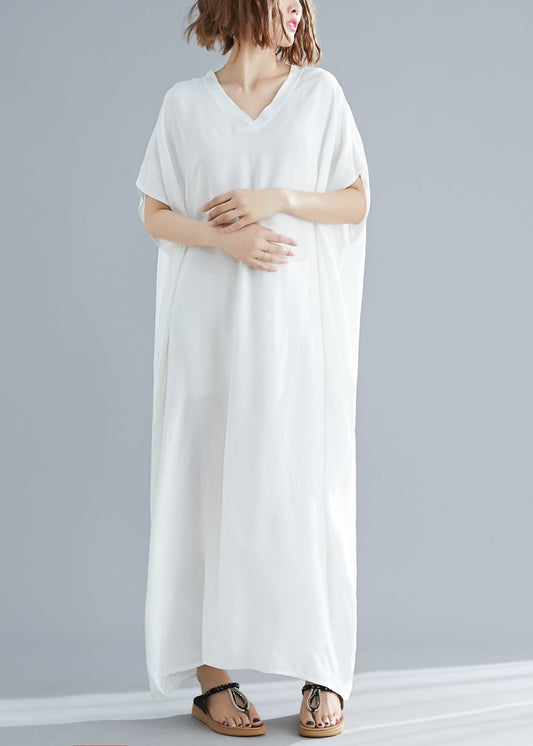 Simple White V Neck Cotton Beach Long Dress Short Sleeve
