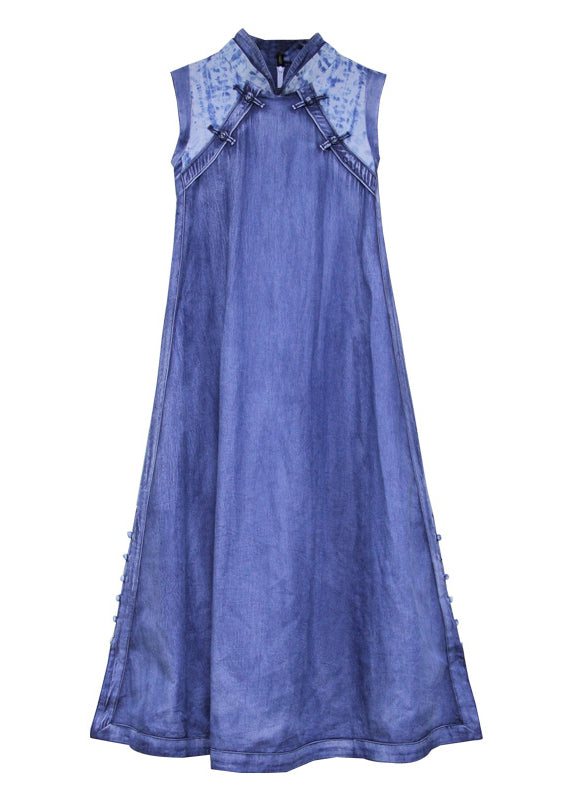 Blue Stand Collar Button Patchwork Long Denim Dress Sleeveless