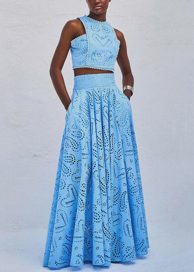 French Blue Hollow Out Tops and Skirts Cotton Two Piece Set Sleeveless Summer
