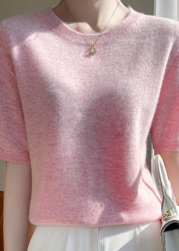 Apricot O Neck Cashmere Sweater Tops Half Sleeve