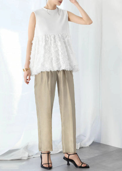 White Tasseled Patchwork Cotton Tops Sleeveless