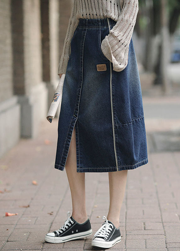 Denim Blue High Waist Pockets Patchwork Side Open Cotton Skirts Summer