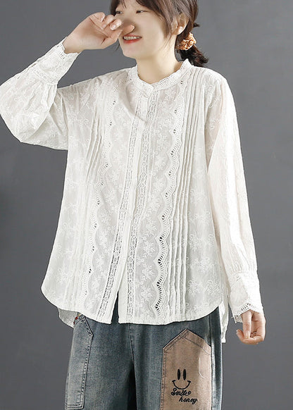 Stylish Beige Embroideried Hollow Out Cotton Shirt Tops Spring