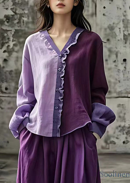 Purple V Neck Ruffled Patchwork Tops Long Sleeve