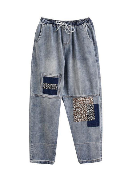 Blue Patchwork Pockets Cotton Pants Summer