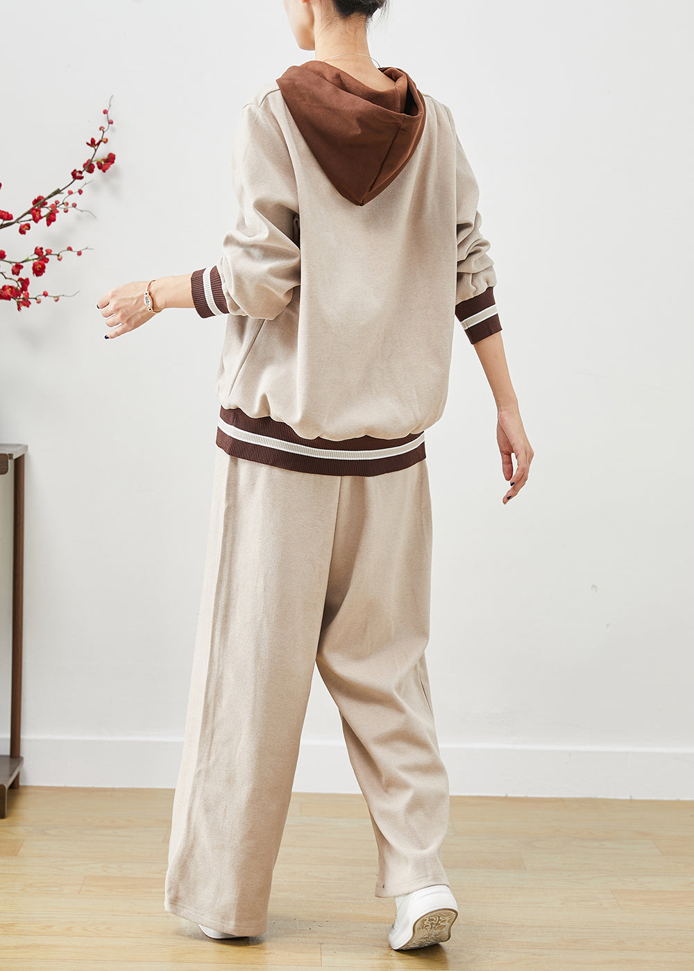 Beige Hooded Patchwork Cotton Sweatshirt Two Piece Set Outfits Fall